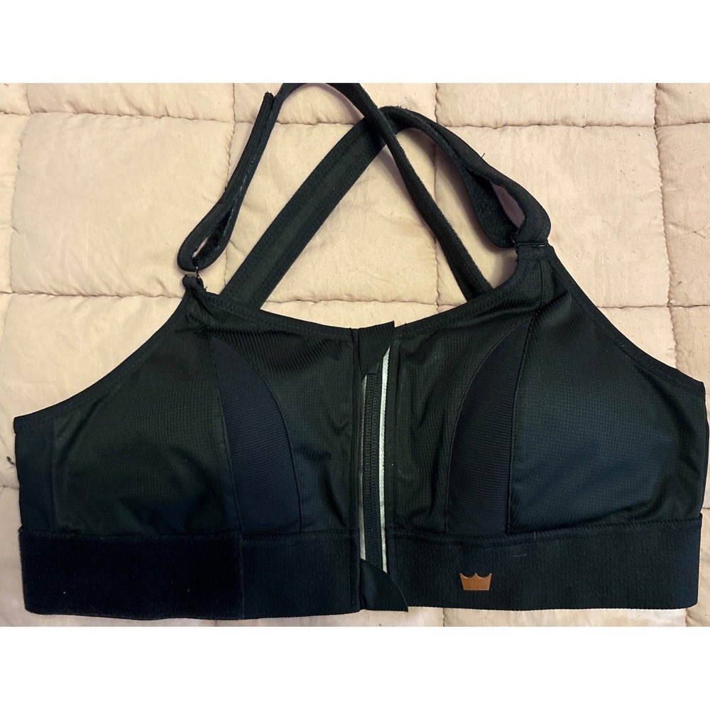 NEW SheFit Black Luxe High Impact Sports Bra Zip Front Adjustable Straps, Large